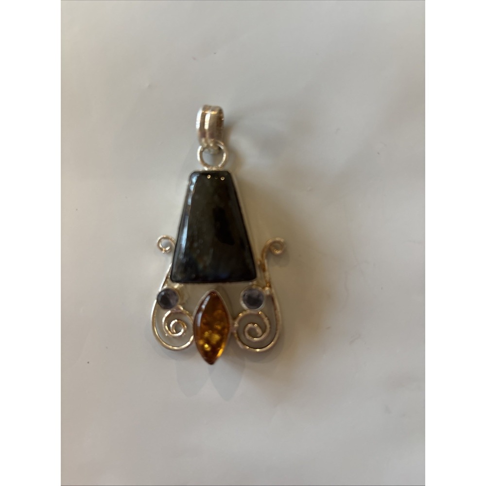 Artisan Made Sterling Silver, Labradorite And Amber Pendant